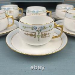 J & C Jaeger & Co Bavaria Hand Painted Tea Cup Saucer Set Of 6 Floral Blue Gold