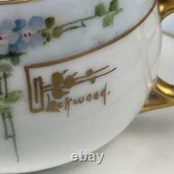 J & C Jaeger & Co Bavaria Hand Painted Tea Cup Saucer Set Of 6 Floral Blue Gold