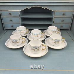 J & C Jaeger & Co Bavaria Hand Painted Tea Cup Saucer Set Of 6 Floral Blue Gold