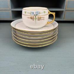 J & C Jaeger & Co Bavaria Hand Painted Tea Cup Saucer Set Of 6 Floral Blue Gold