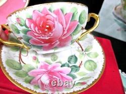 J P LIMOGES FRANCE tea cup and saucer cabbage rose pink teacup soup bowl 1920s