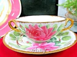 J P LIMOGES FRANCE tea cup and saucer cabbage rose pink teacup soup bowl 1920s