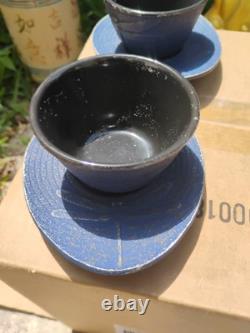 Japan Cast Iron Tea cup and Saucer Textured Dragonfly Pattern Set Of 5