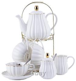 Jusalpha Porcelain Tea Set- 8 OZ White Coffee Cup/Teacup Saucer Spoons Teapot
