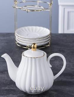 Jusalpha Porcelain Tea Set- 8 OZ White Coffee Cup/Teacup Saucer Spoons Teapot