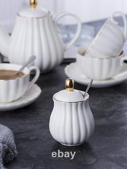 Jusalpha Porcelain Tea Set- 8 OZ White Coffee Cup/Teacup Saucer Spoons Teapot
