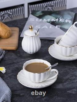 Jusalpha Porcelain Tea Set- 8 OZ White Coffee Cup/Teacup Saucer Spoons Teapot