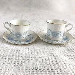 KU Russian Vintage White Blue Floral Teacups & Saucers 6 Pairs/12pc Gilt Rims