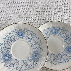 KU Russian Vintage White Blue Floral Teacups & Saucers 6 Pairs/12pc Gilt Rims