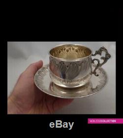 LARGE ANTIQUE 1880s FRENCH STERLING SILVER TEA CUP & SAUCER Rococo 6.3 X 3.35 in