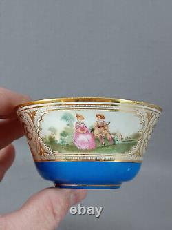 Late 19th Century Sevres Style Courting Couple Blue & Gold Tea Cup & Saucer A