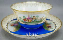 Late 19th Century Sevres Style Courting Couple Blue & Gold Tea Cup & Saucer G