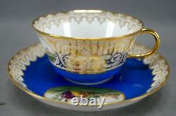 Late 19th Century Sevres Style Courting Couple Blue & Gold Tea Cup & Saucer G