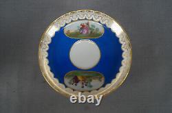 Late 19th Century Sevres Style Courting Couple Blue & Gold Tea Cup & Saucer G