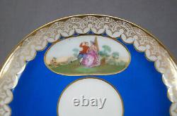 Late 19th Century Sevres Style Courting Couple Blue & Gold Tea Cup & Saucer G