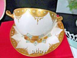 Limoges France tea cup and saucer painted Bullion teacup raised gold Jeweled set