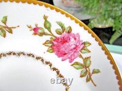 Limoges France tea cup and saucer painted pink rose signed cream soup teacup 20s