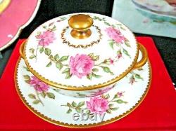 Limoges France tea cup and saucer painted pink rose signed cream soup teacup 20s
