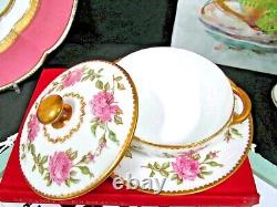 Limoges France tea cup and saucer painted pink rose signed cream soup teacup 20s