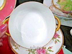 Limoges France tea cup and saucer painted pink rose signed cream soup teacup 20s