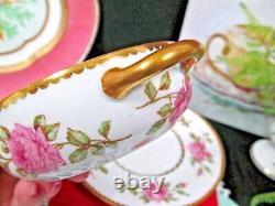 Limoges France tea cup and saucer painted pink rose signed cream soup teacup 20s