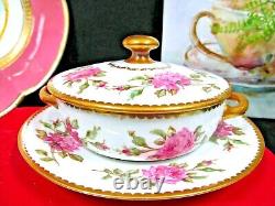 Limoges France tea cup and saucer painted pink rose signed cream soup teacup 20s