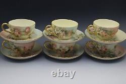 Limoges T&v Porcelain Set Of 6 Teacups And Saucers Roses Antique Artist Signed