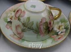 Limoges T&v Porcelain Set Of 6 Teacups And Saucers Roses Antique Artist Signed