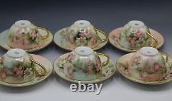 Limoges T&v Porcelain Set Of 6 Teacups And Saucers Roses Antique Artist Signed