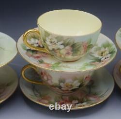 Limoges T&v Porcelain Set Of 6 Teacups And Saucers Roses Antique Artist Signed