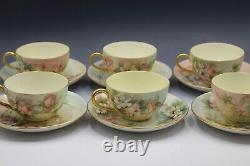 Limoges T&v Porcelain Set Of 6 Teacups And Saucers Roses Antique Artist Signed