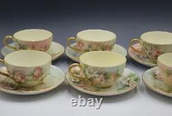 Limoges T&v Porcelain Set Of 6 Teacups And Saucers Roses Antique Artist Signed