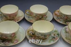 Limoges T&v Porcelain Set Of 6 Teacups And Saucers Roses Antique Artist Signed