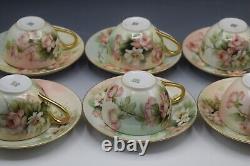 Limoges T&v Porcelain Set Of 6 Teacups And Saucers Roses Antique Artist Signed