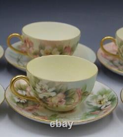 Limoges T&v Porcelain Set Of 6 Teacups And Saucers Roses Antique Artist Signed