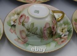 Limoges T&v Porcelain Set Of 6 Teacups And Saucers Roses Antique Artist Signed
