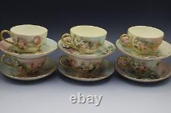 Limoges T&v Porcelain Set Of 6 Teacups And Saucers Roses Antique Artist Signed