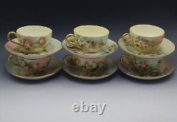 Limoges T&v Porcelain Set Of 6 Teacups And Saucers Roses Antique Artist Signed
