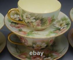 Limoges T&v Porcelain Set Of 6 Teacups And Saucers Roses Antique Artist Signed