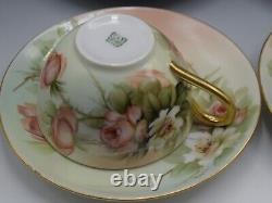 Limoges T&v Porcelain Set Of 6 Teacups And Saucers Roses Antique Artist Signed