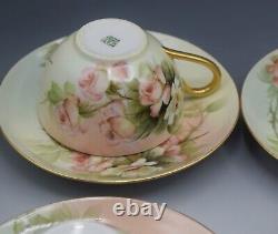 Limoges T&v Porcelain Set Of 6 Teacups And Saucers Roses Antique Artist Signed