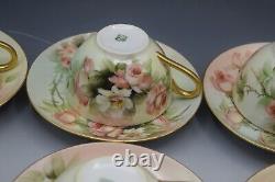 Limoges T&v Porcelain Set Of 6 Teacups And Saucers Roses Antique Artist Signed