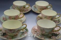 Limoges T&v Porcelain Set Of 6 Teacups And Saucers Roses Antique Artist Signed