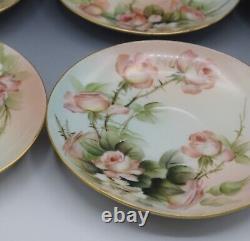 Limoges T&v Porcelain Set Of 6 Teacups And Saucers Roses Antique Artist Signed