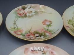 Limoges T&v Porcelain Set Of 6 Teacups And Saucers Roses Antique Artist Signed