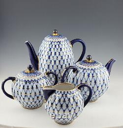 Lomonosov 22k Cobalt Net Russian Tea & Coffee Pots, Sugar/Creamer, Cups/Saucers