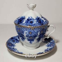 Lomonosov Teacup Saucer and Lid Blue Flowers Net Russia