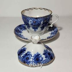 Lomonosov Teacup Saucer and Lid Blue Flowers Net Russia