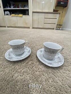 Lynns Fine China Flower Print Cup and Saucer Set (Set of 12) Silver / White
