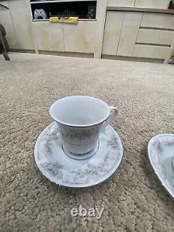 Lynns Fine China Flower Print Cup and Saucer Set (Set of 12) Silver / White